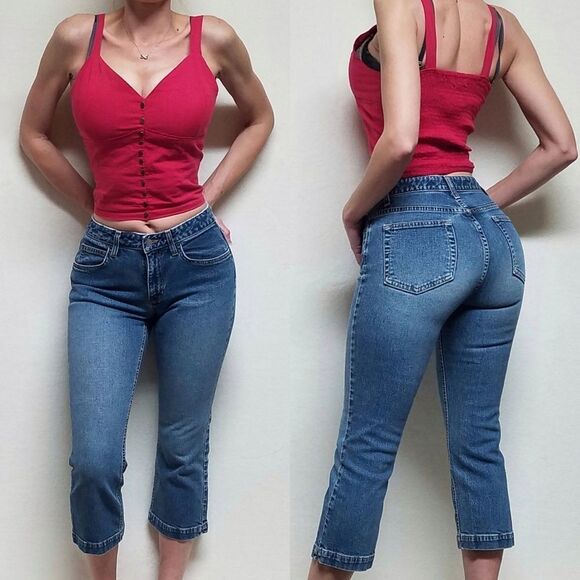 VINTAGE 1990s GAP Boot Cut Capri Jeans Mid Rise Mid Wash Cropped USA Made 6 Reg - Picture 1 of 11